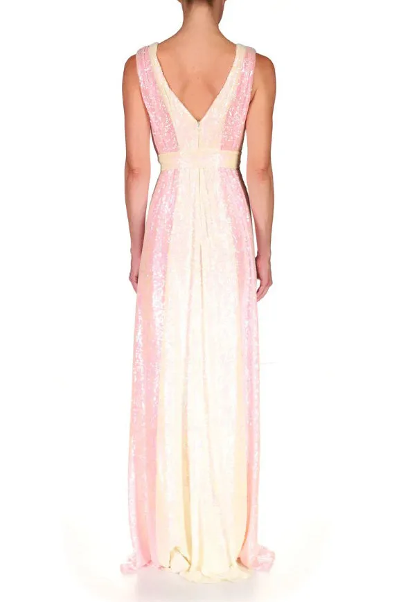 Badgley Mischka V-neck sleeveless tie waist zipper closure two-tone sequin gown