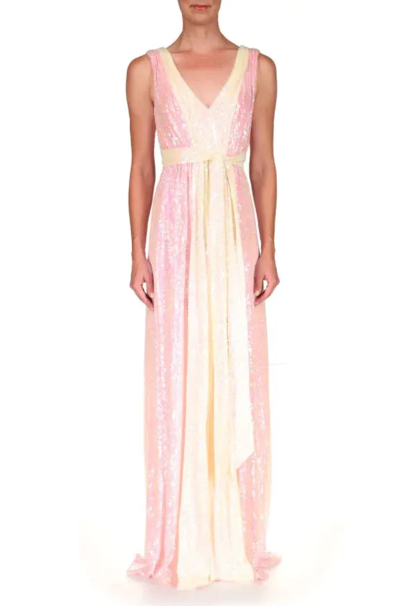 Badgley Mischka V-neck sleeveless tie waist zipper closure two-tone sequin gown