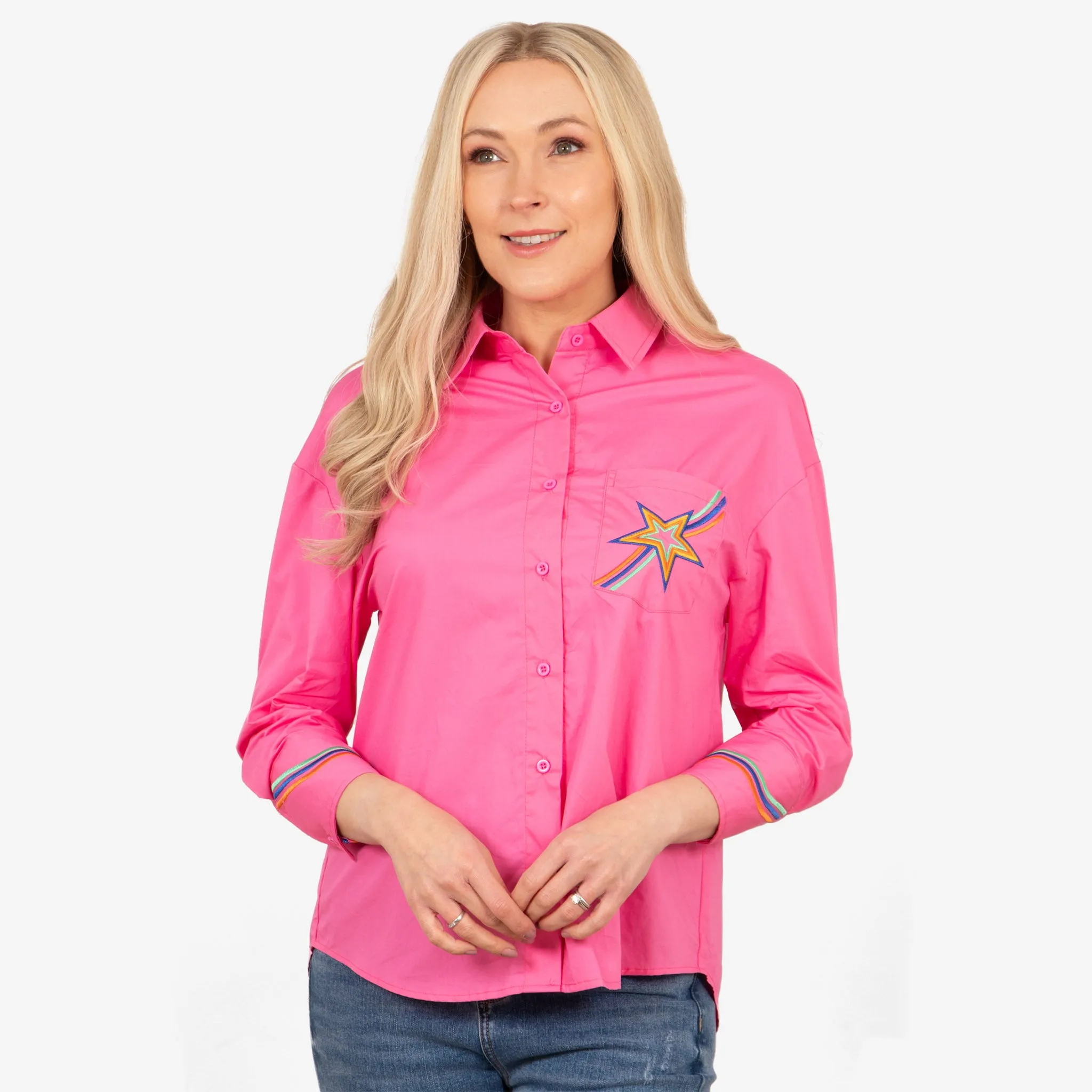 Beau Long Sleeve Cotton Shirt - Hot Pink, Star Embroidered