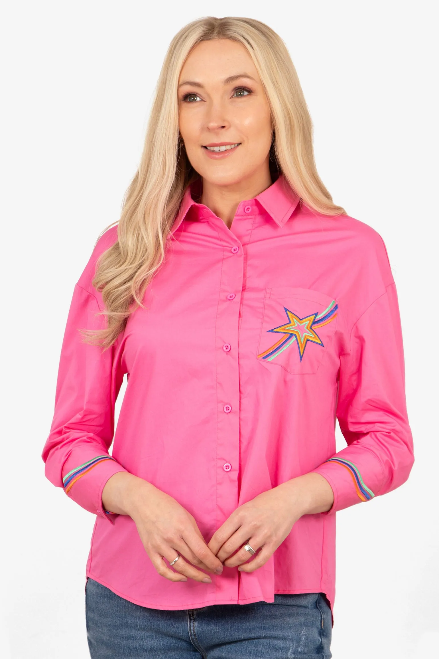 Beau Long Sleeve Cotton Shirt - Hot Pink, Star Embroidered