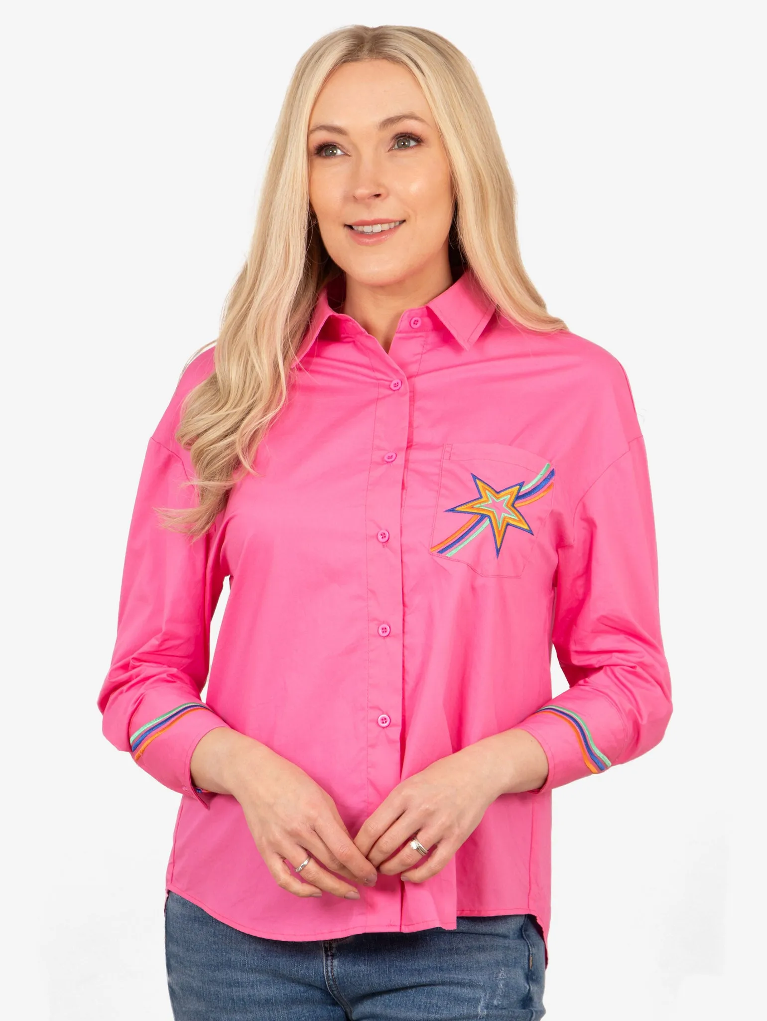 Beau Long Sleeve Cotton Shirt - Hot Pink, Star Embroidered