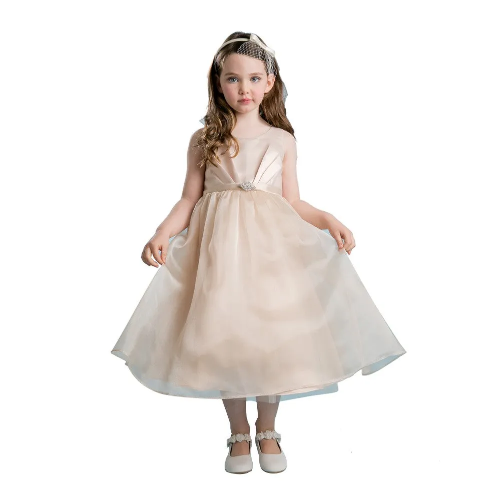 Big Girls Champagne Satin Organza Junior Bridesmaid Dress 8-12