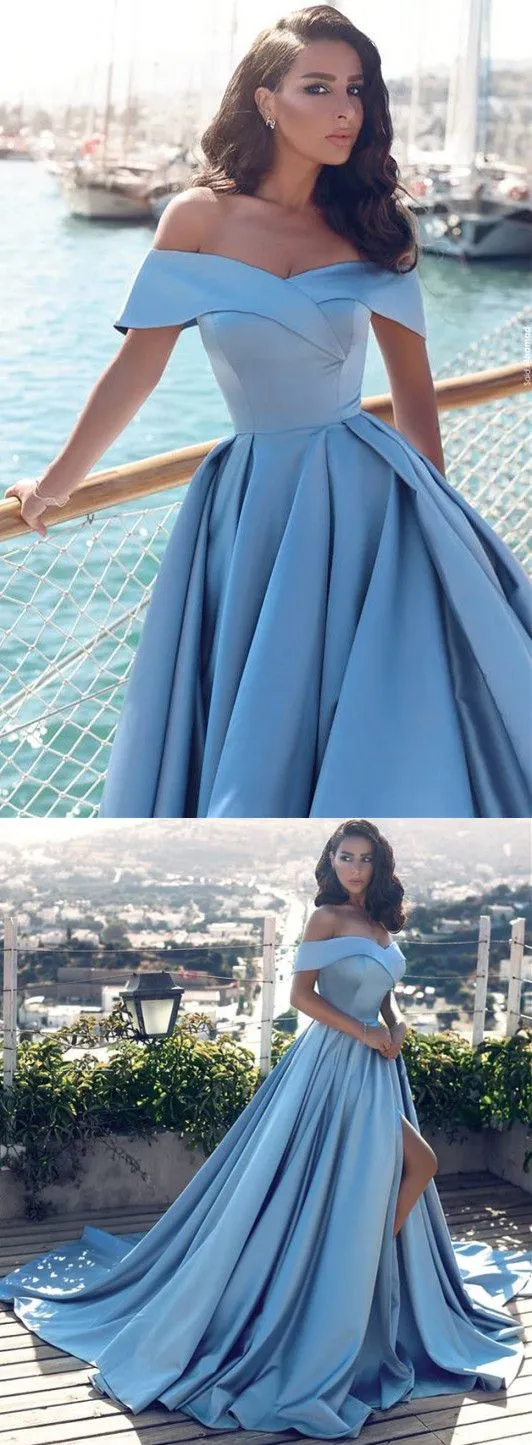 Blue Ball Gown Prom Dress Blue Off the Shoulder Prom Dress with Side Slit