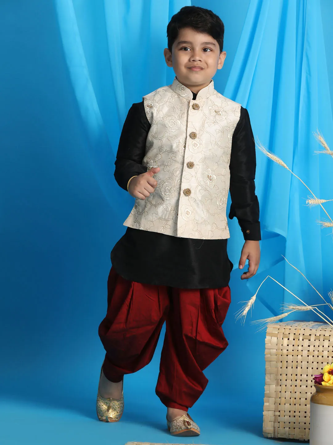 Boy's Black, Beige And Maroon Jacket, Kurta And Dhoti Set - Vastramay Boys