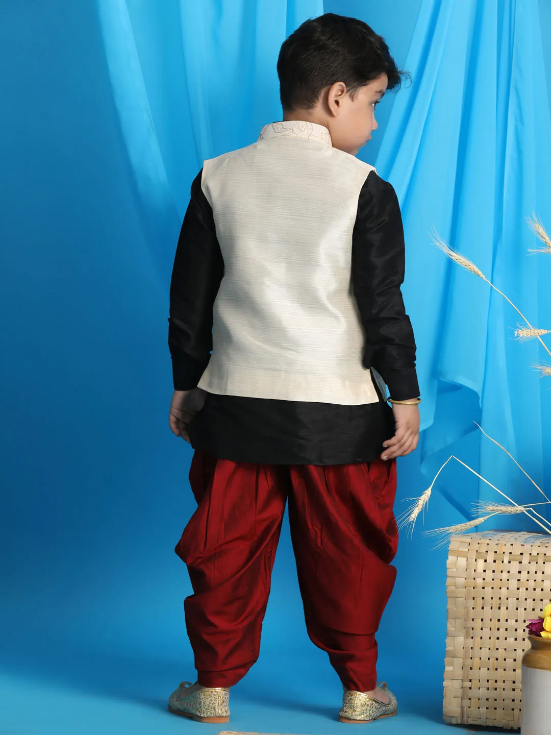 Boy's Black, Beige And Maroon Jacket, Kurta And Dhoti Set - Vastramay Boys