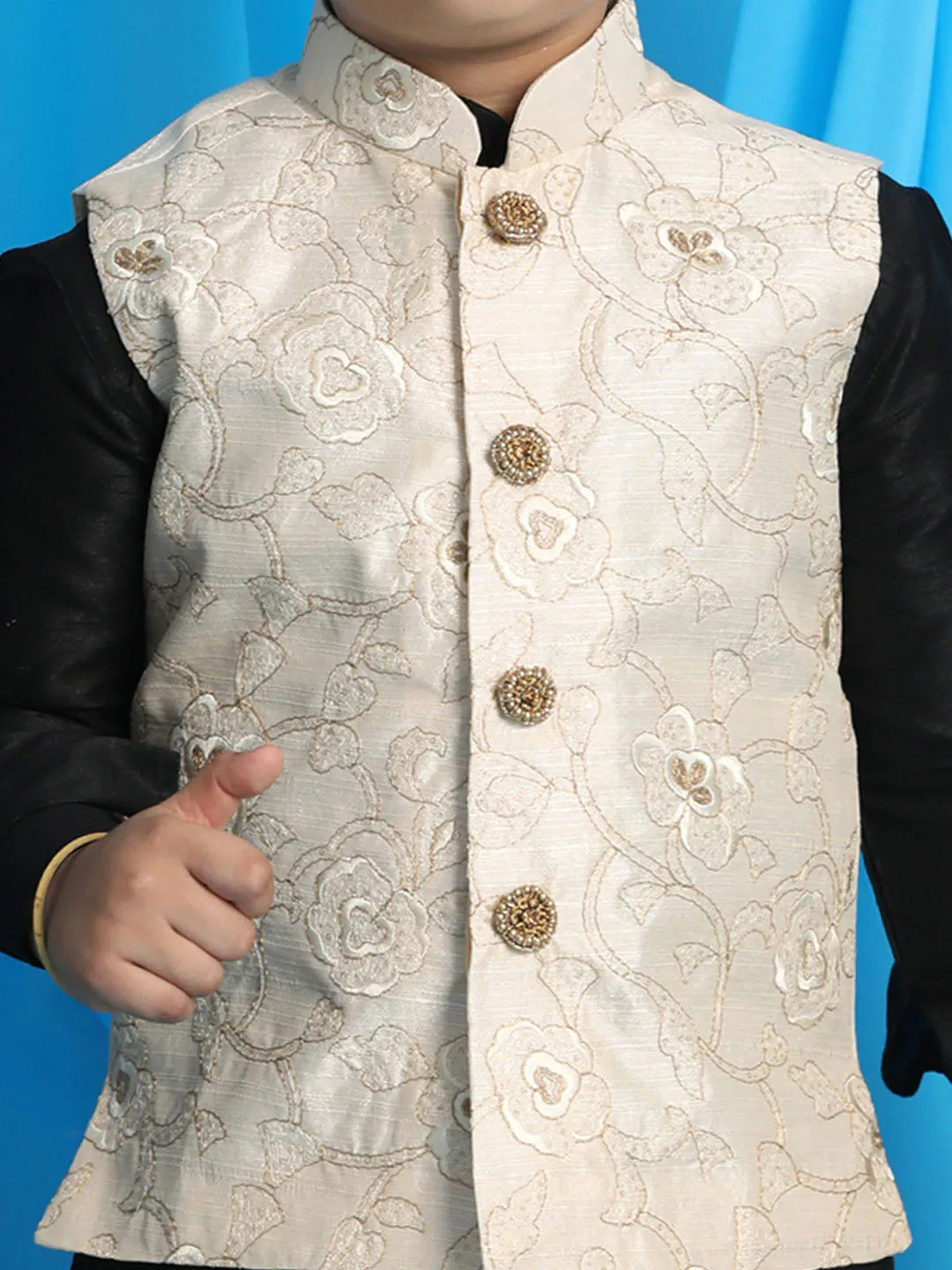 Boy's Black, Beige And Maroon Jacket, Kurta And Dhoti Set - Vastramay Boys