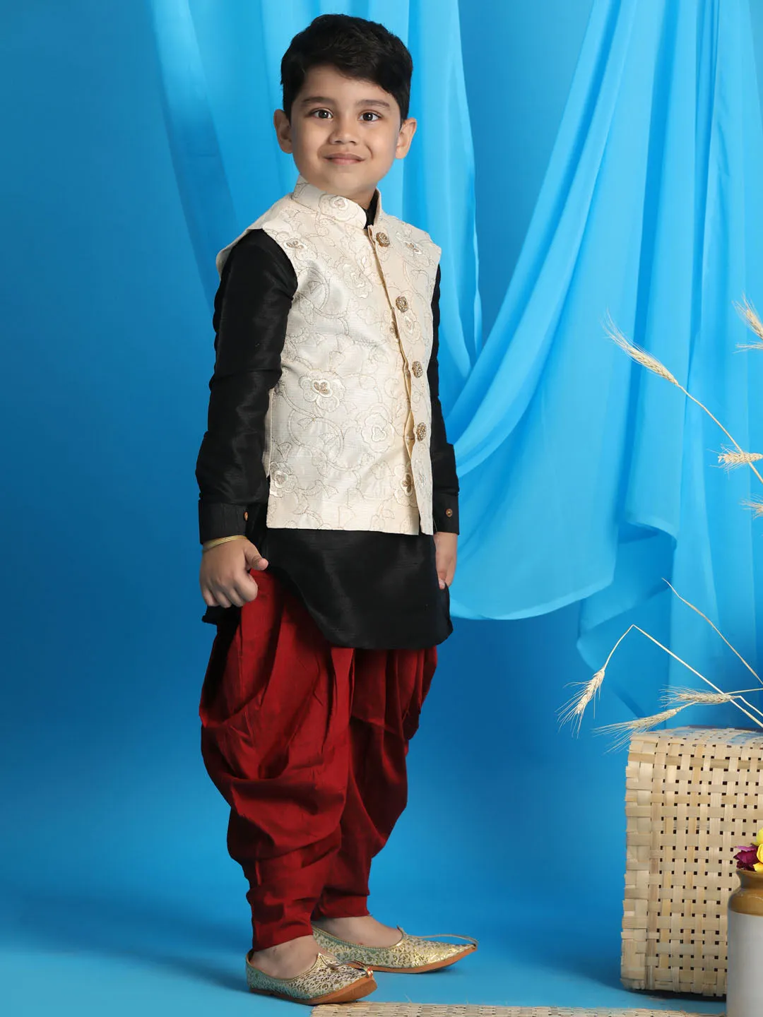 Boy's Black, Beige And Maroon Jacket, Kurta And Dhoti Set - Vastramay Boys