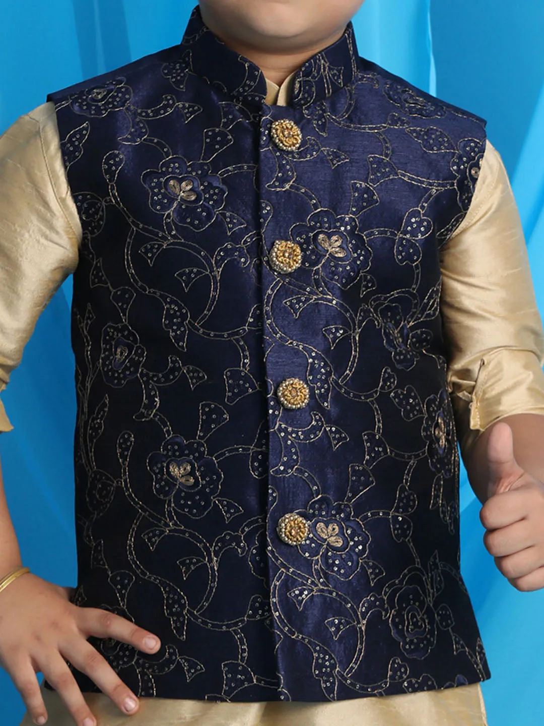 Boy's Gold, Navy Blue And Maroon Jacket, Kurta And Dhoti Set - Vastramay Boys