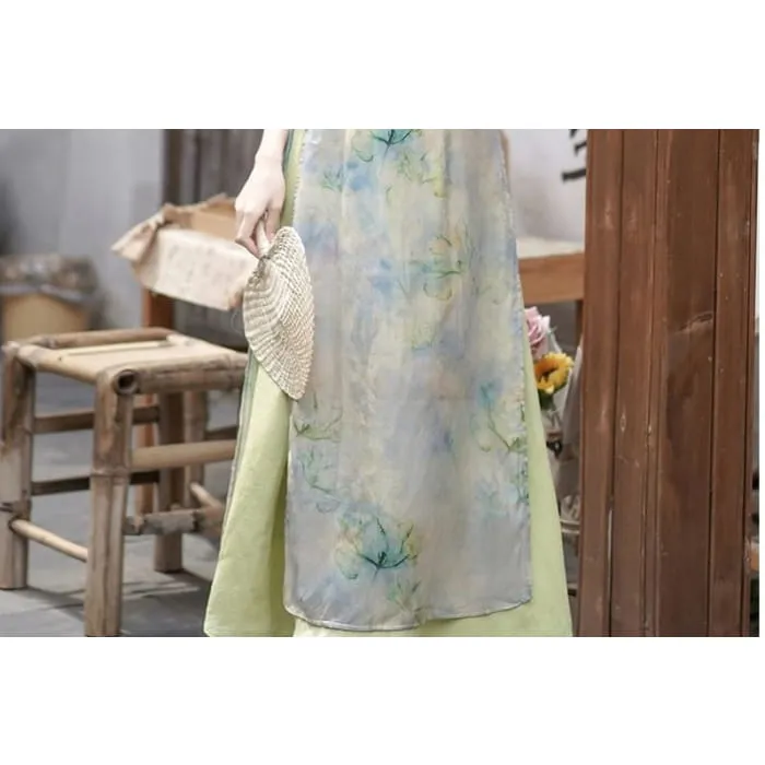 Cap-Sleeve Print Slit Midi A-Line Qipao / A-Line Skirt / Set