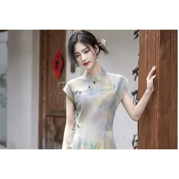 Cap-Sleeve Print Slit Midi A-Line Qipao / A-Line Skirt / Set