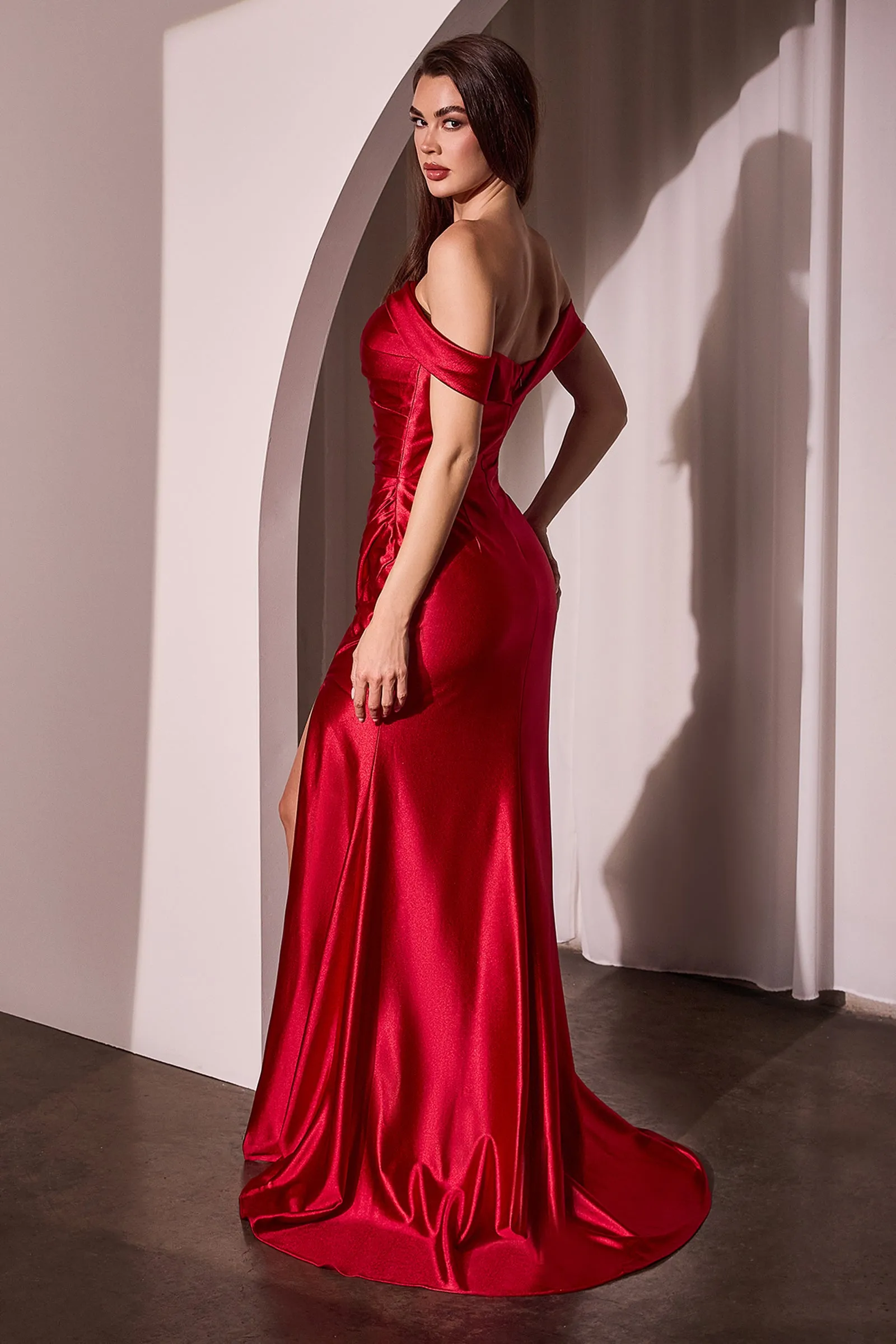 CINDERELLA DIVINE J877 Glistening Satin Off The Shoulder Gown