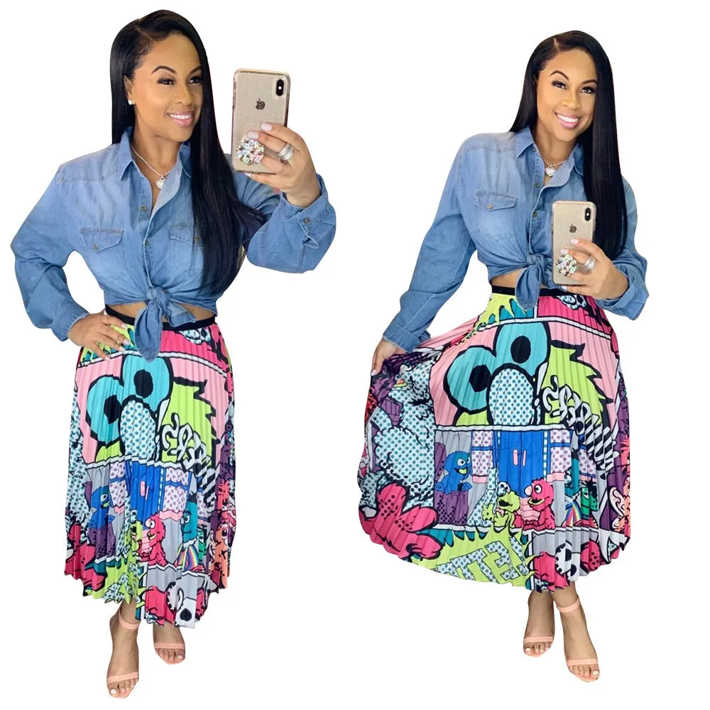 Classy Classic Mid Waist Women's Cartoon Pleated Skirt