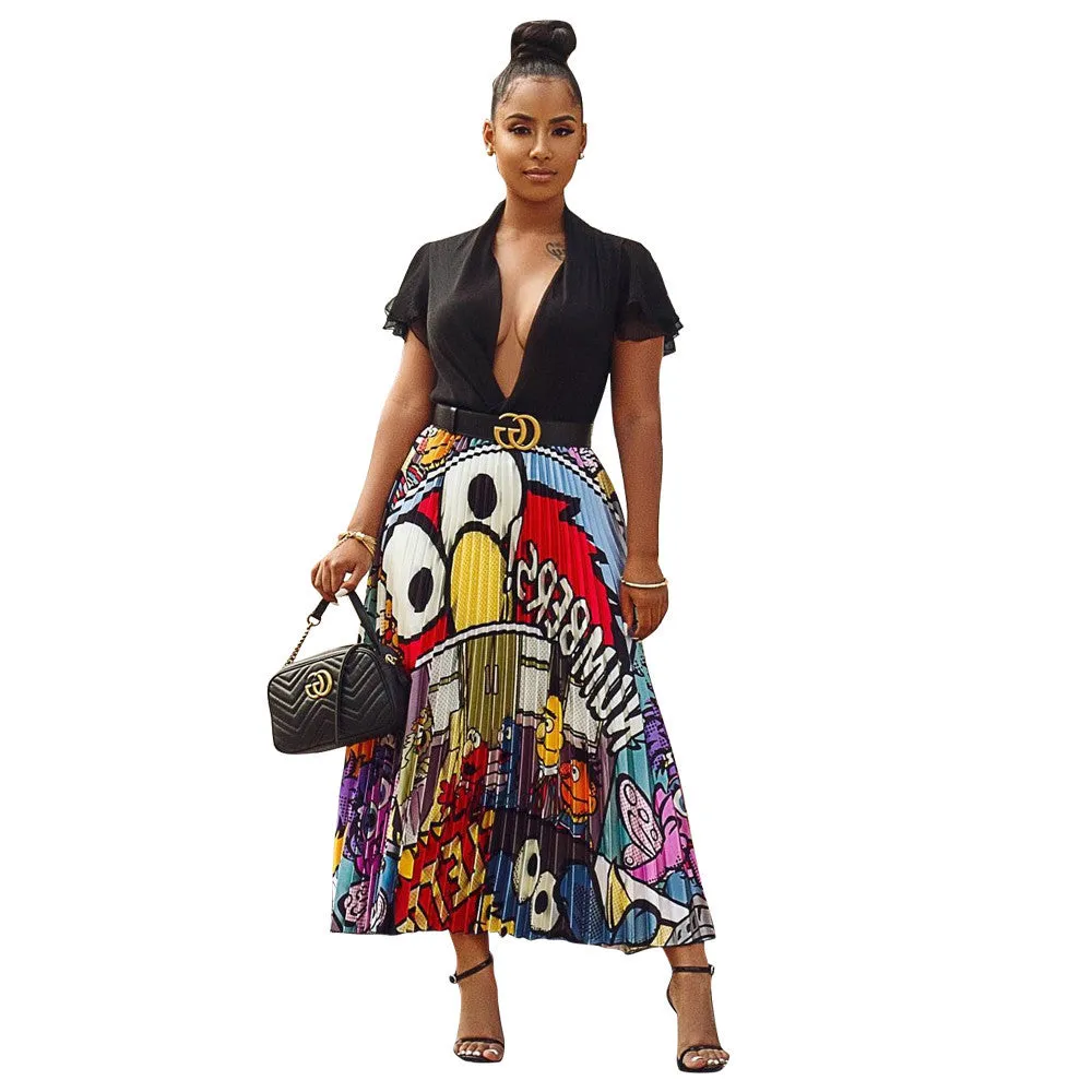 Classy Classic Mid Waist Women's Cartoon Pleated Skirt