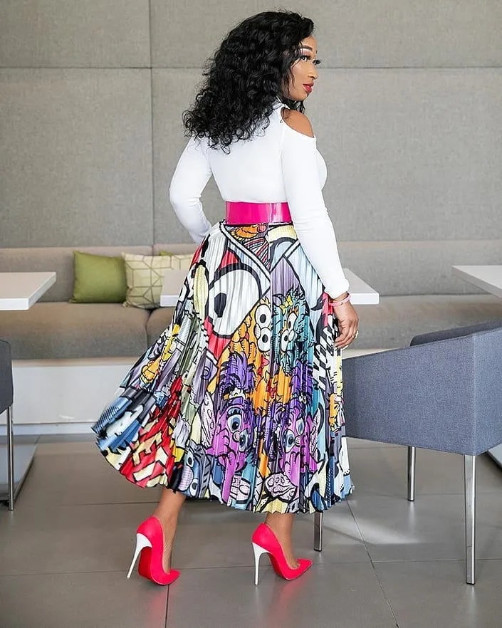 Classy Classic Mid Waist Women's Cartoon Pleated Skirt