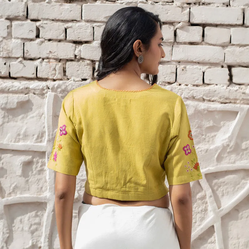 Cotton Floral Embroidered Blouse | Mustard
