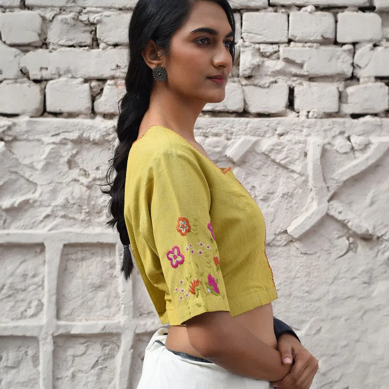 Cotton Floral Embroidered Blouse | Mustard