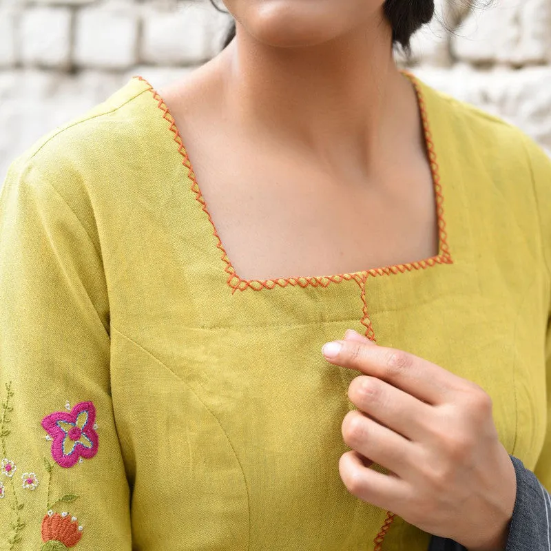 Cotton Floral Embroidered Blouse | Mustard