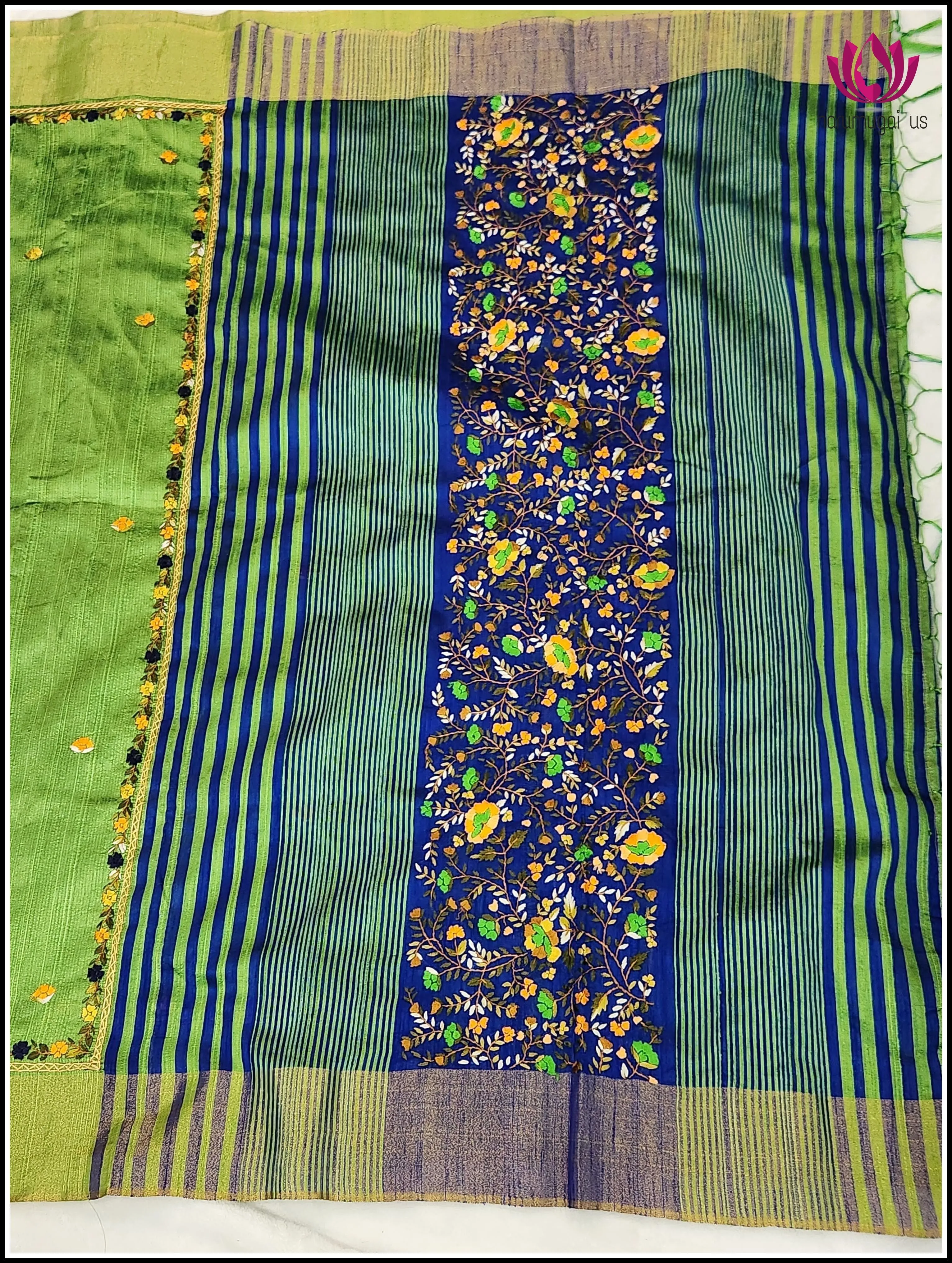 Cotton Jute silk saree in Green with Hand embroidered Designs
