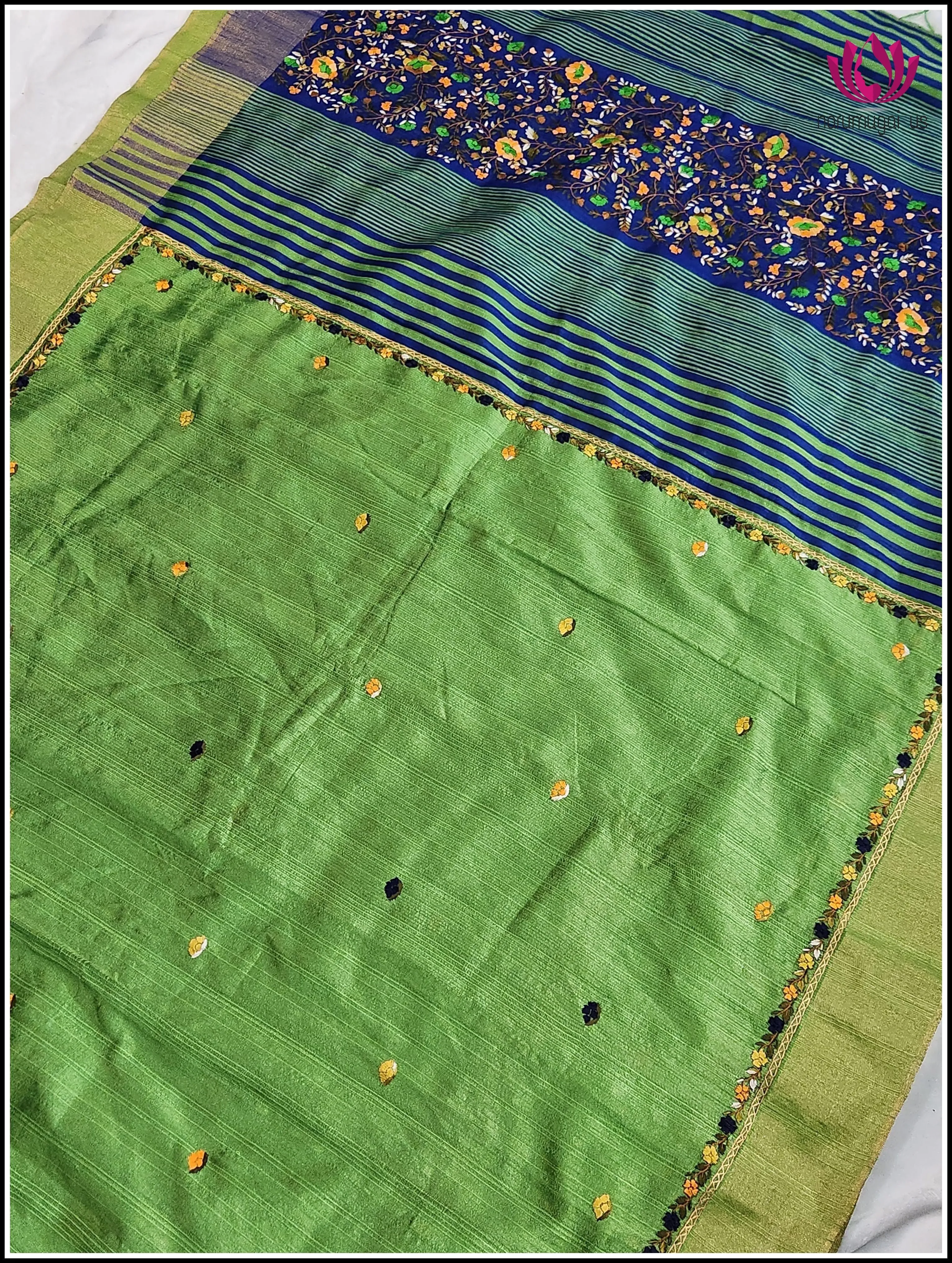 Cotton Jute silk saree in Green with Hand embroidered Designs