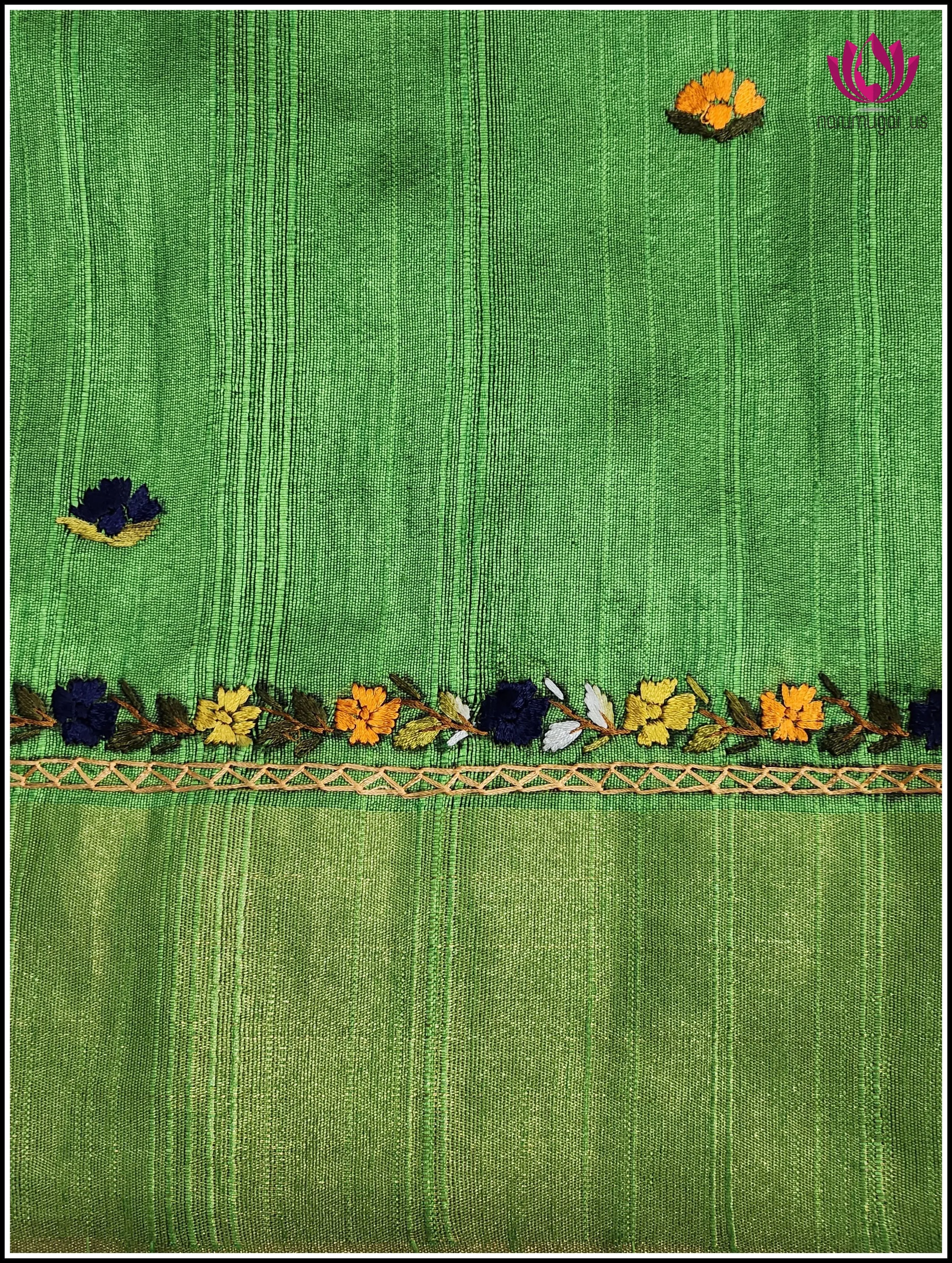 Cotton Jute silk saree in Green with Hand embroidered Designs