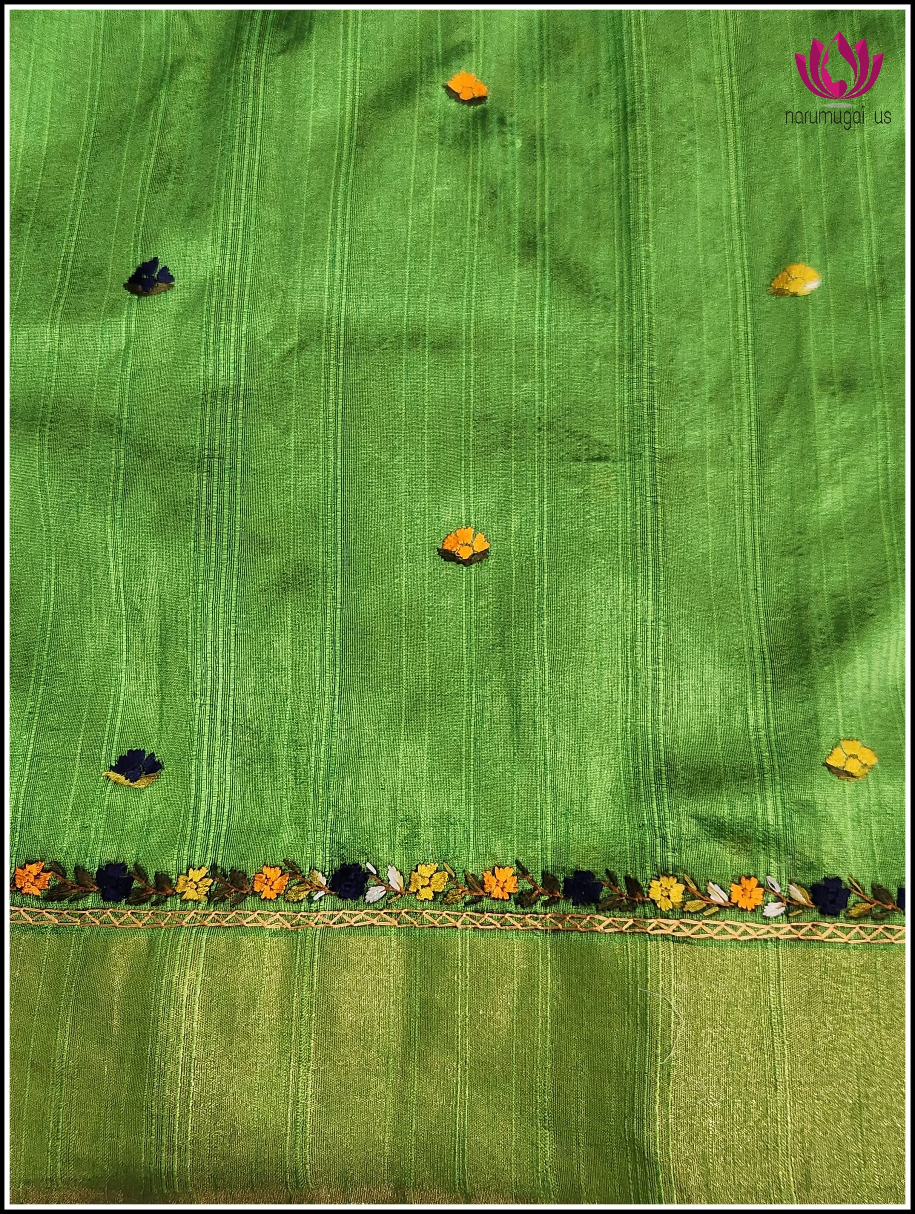 Cotton Jute silk saree in Green with Hand embroidered Designs