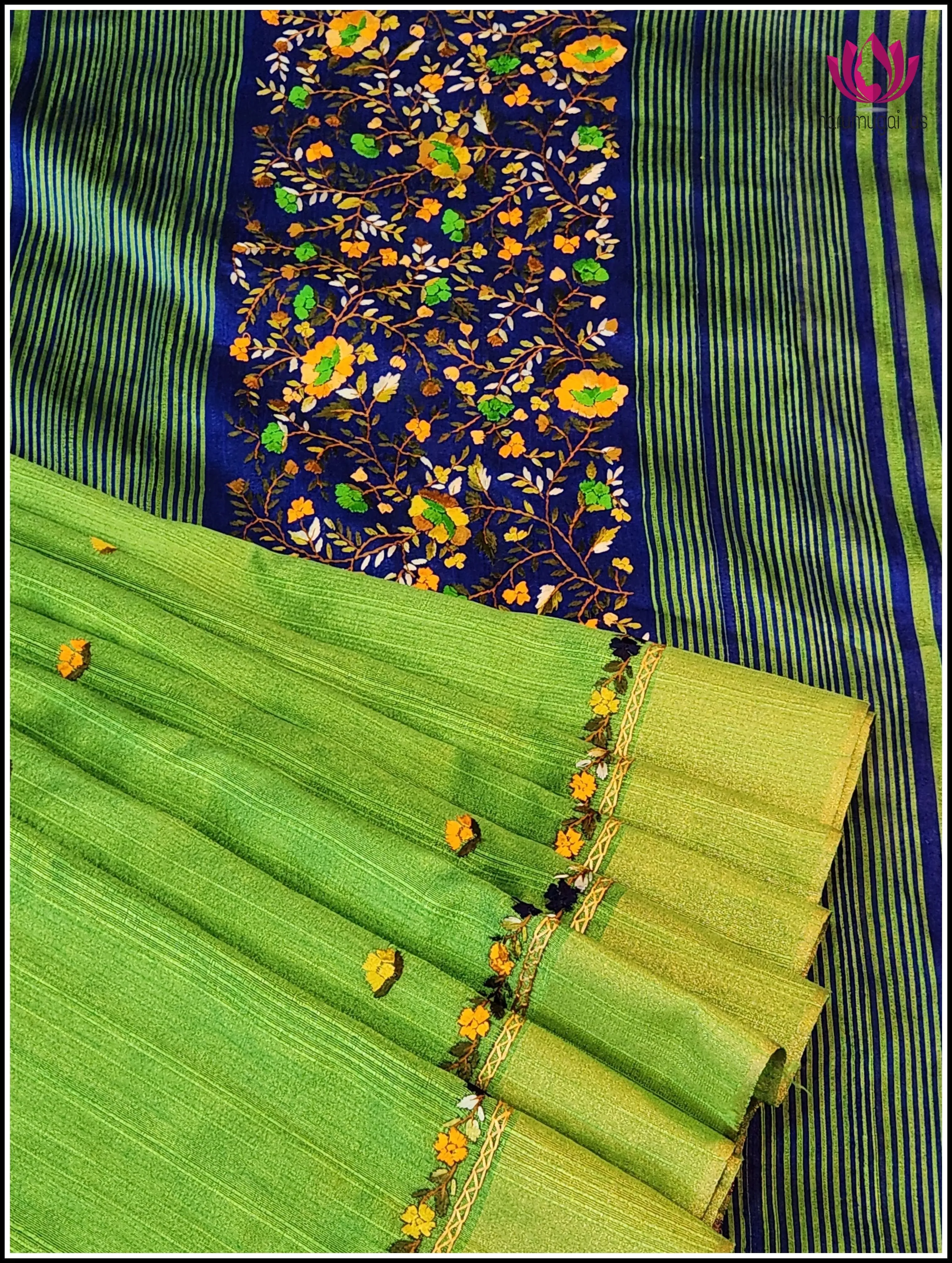 Cotton Jute silk saree in Green with Hand embroidered Designs
