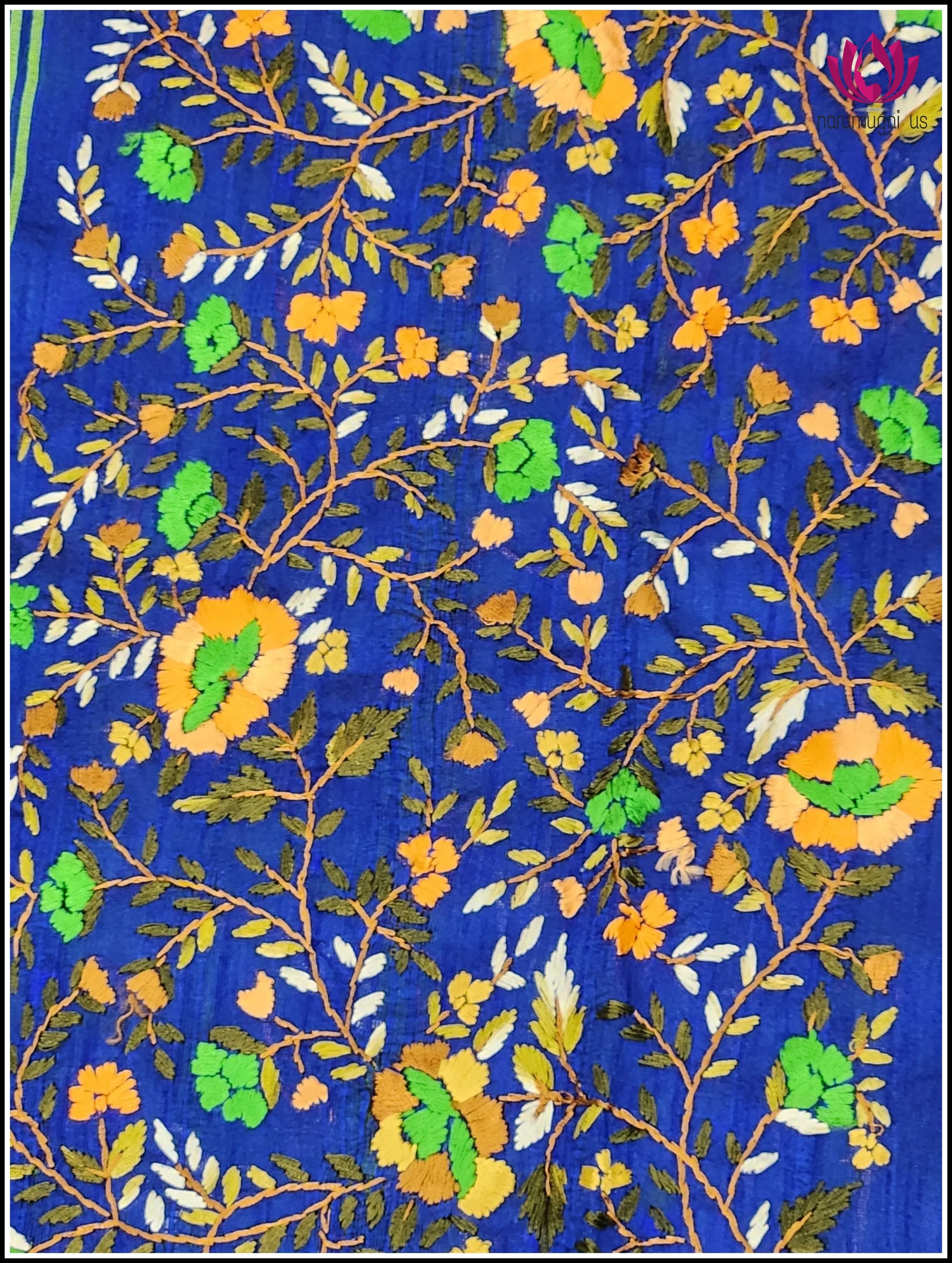 Cotton Jute silk saree in Green with Hand embroidered Designs