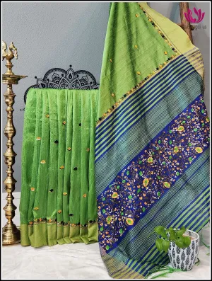 Cotton Jute silk saree in Green with Hand embroidered Designs