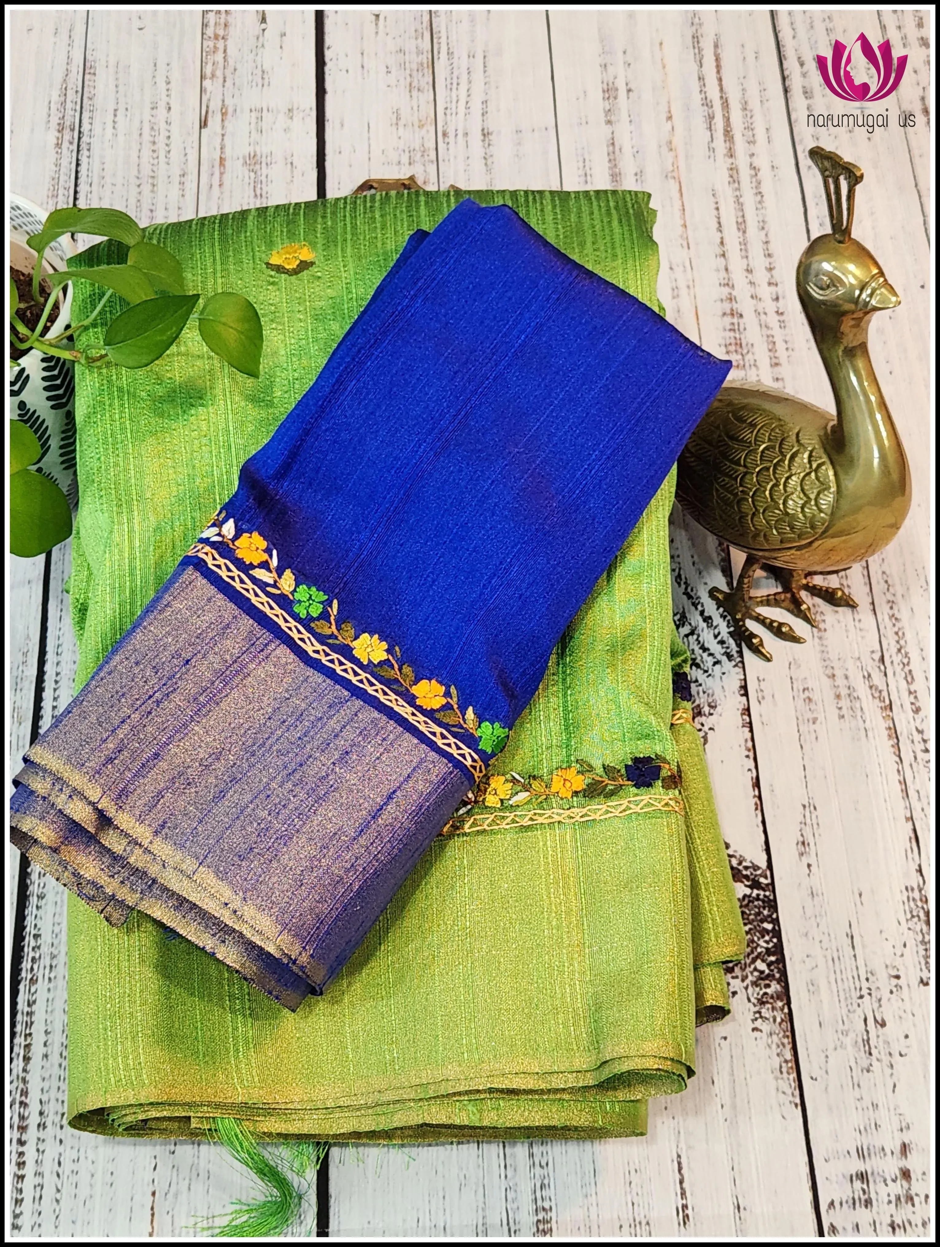 Cotton Jute silk saree in Green with Hand embroidered Designs