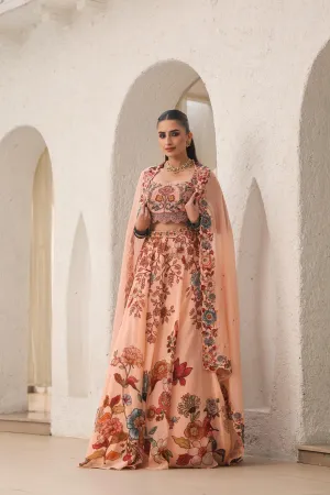 Creamy Peach Floral Embroidered Premium Organza Silk Lehenga Set
