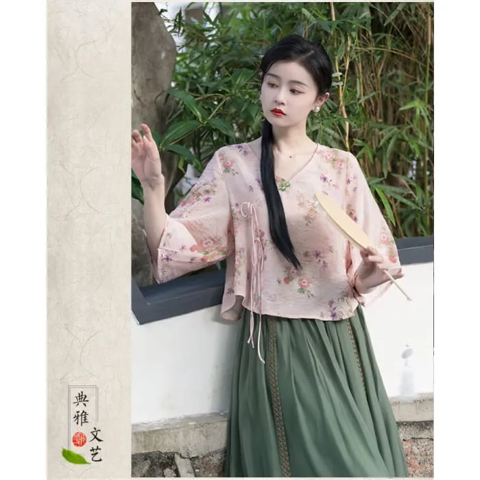 Elbow-Sleeve V-Neck Floral Print Top / High Rise Plain Midi A-Line Skirt
