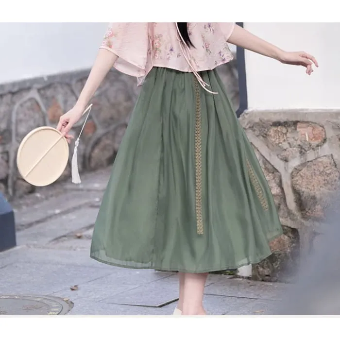 Elbow-Sleeve V-Neck Floral Print Top / High Rise Plain Midi A-Line Skirt