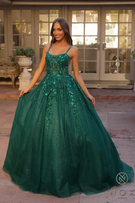 Elegant Spaghetti Straps Long Prom Dress with Open V-Back | Sleeveless Ball Gown