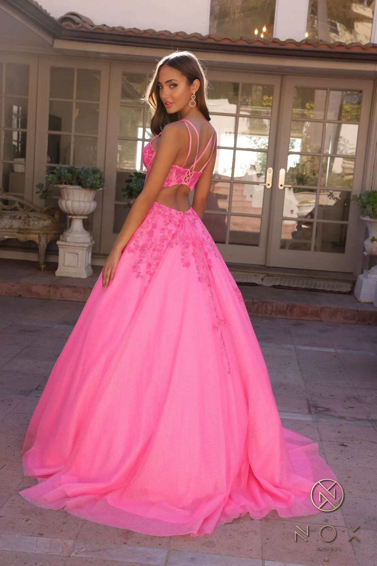 Elegant Spaghetti Straps Long Prom Dress with Open V-Back | Sleeveless Ball Gown