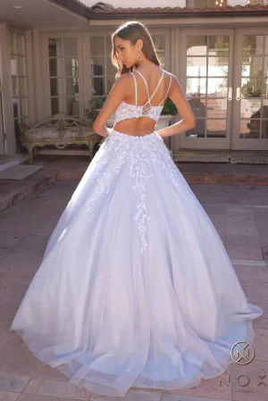 Elegant Spaghetti Straps Long Prom Dress with Open V-Back | Sleeveless Ball Gown