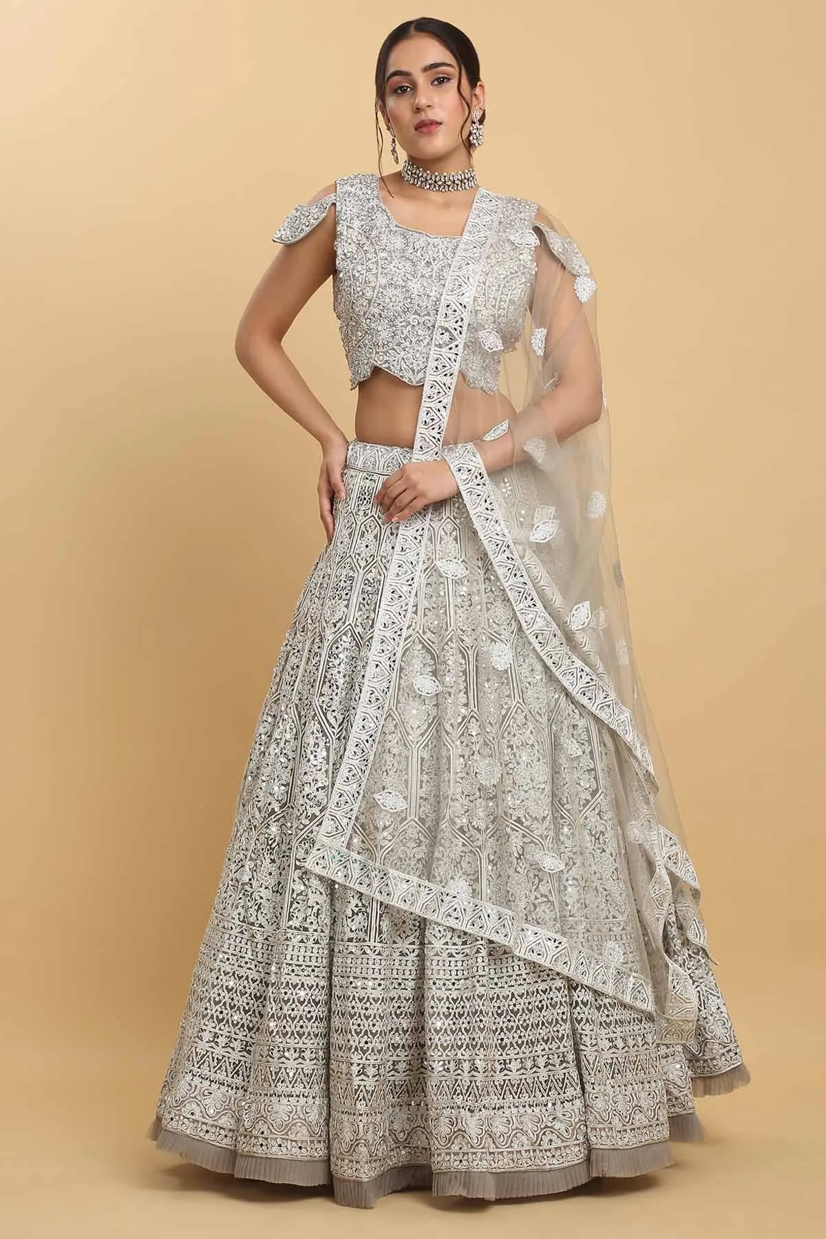Embroidered Silver Lehenga Set