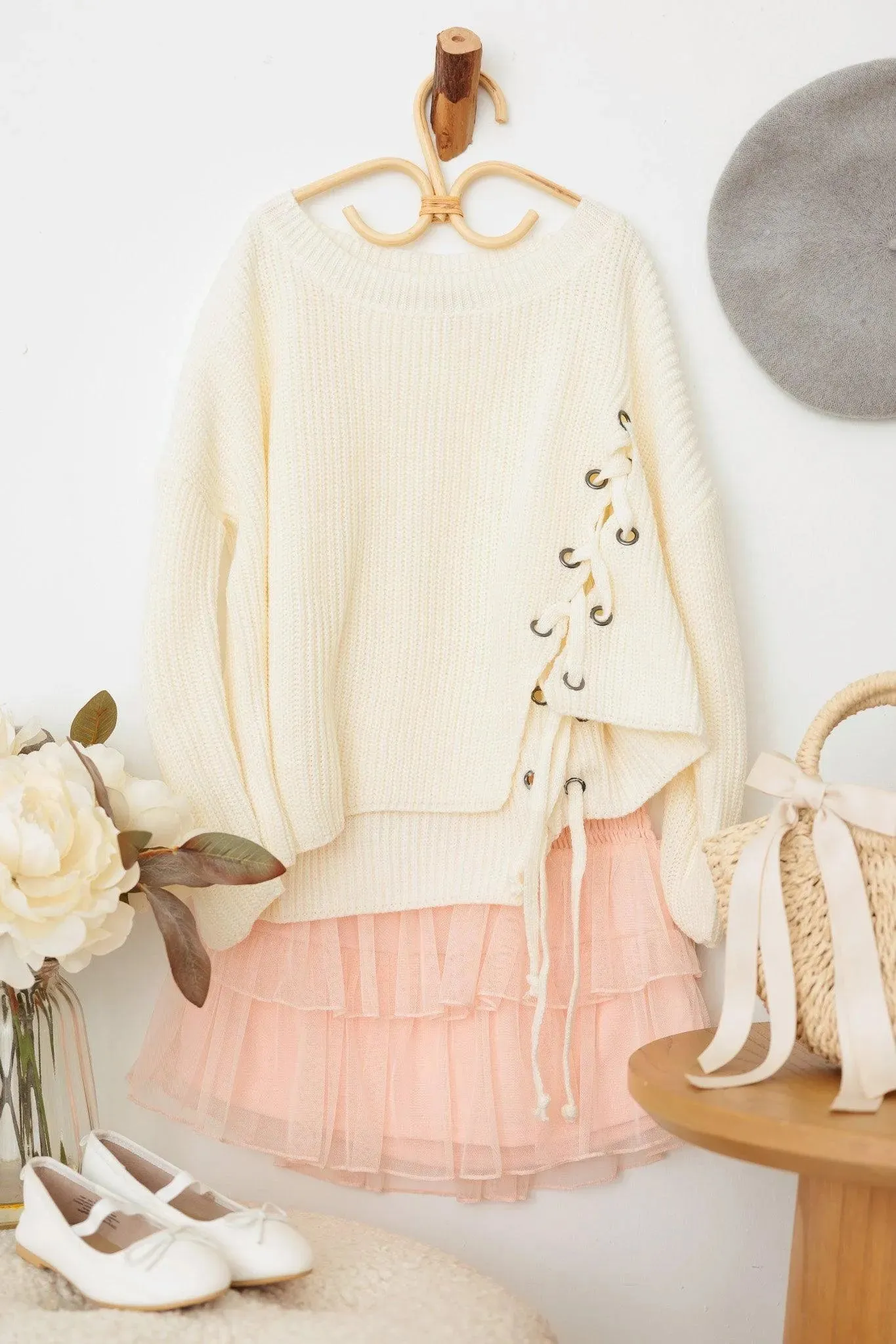 Girls Back Side Tie Long Sleeve Tie Up Oversize Sweater