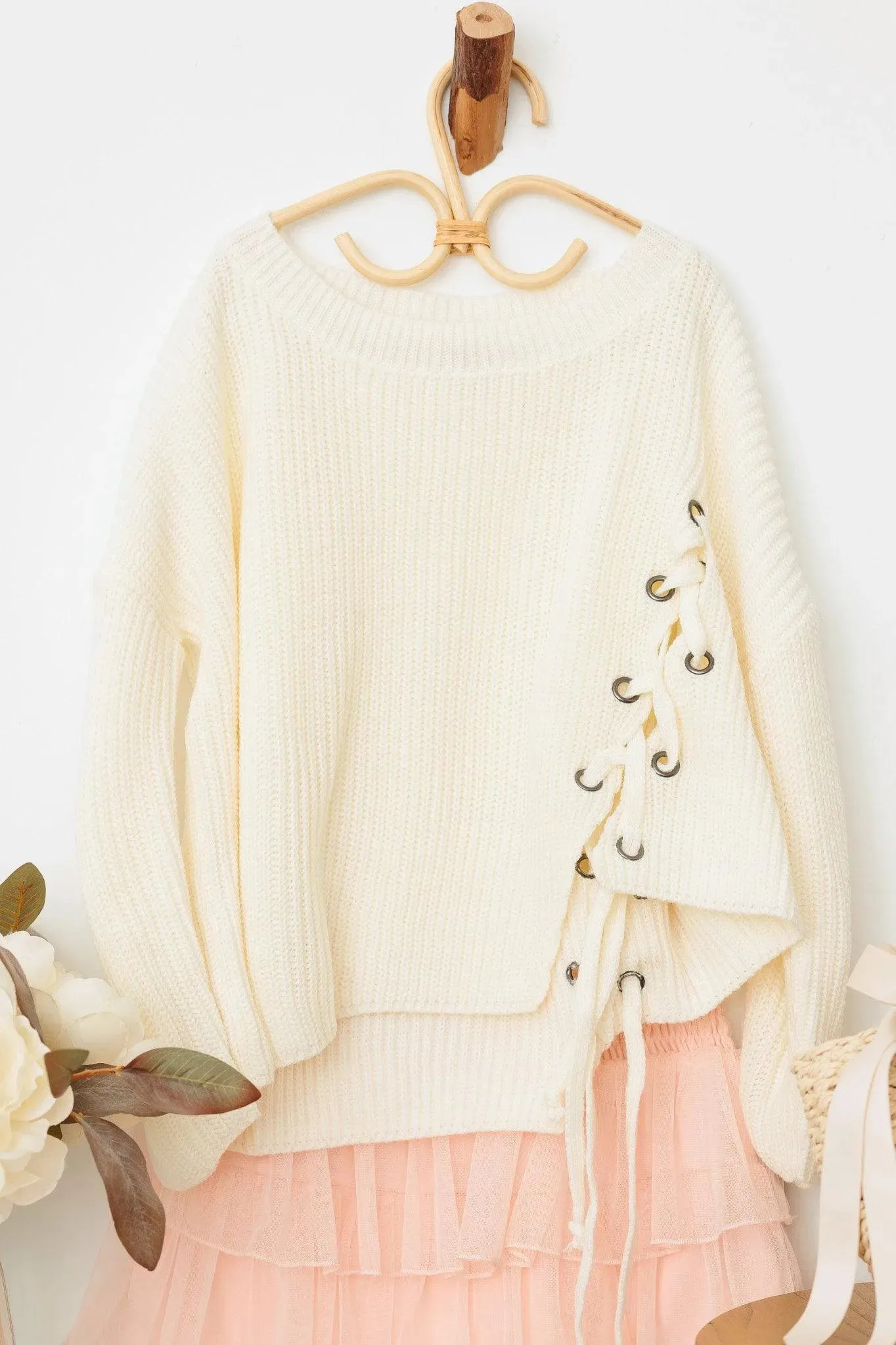 Girls Back Side Tie Long Sleeve Tie Up Oversize Sweater