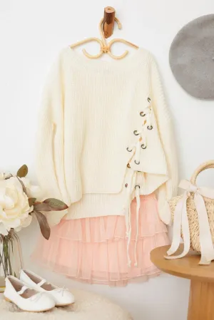 Girls Back Side Tie Long Sleeve Tie Up Oversize Sweater