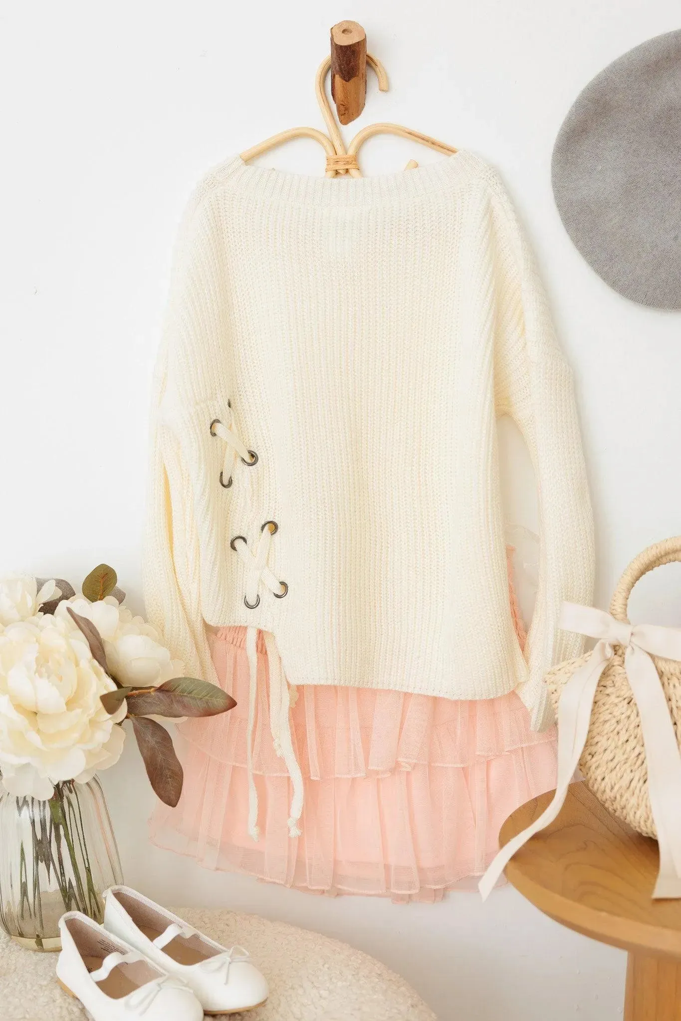 Girls Back Side Tie Long Sleeve Tie Up Oversize Sweater