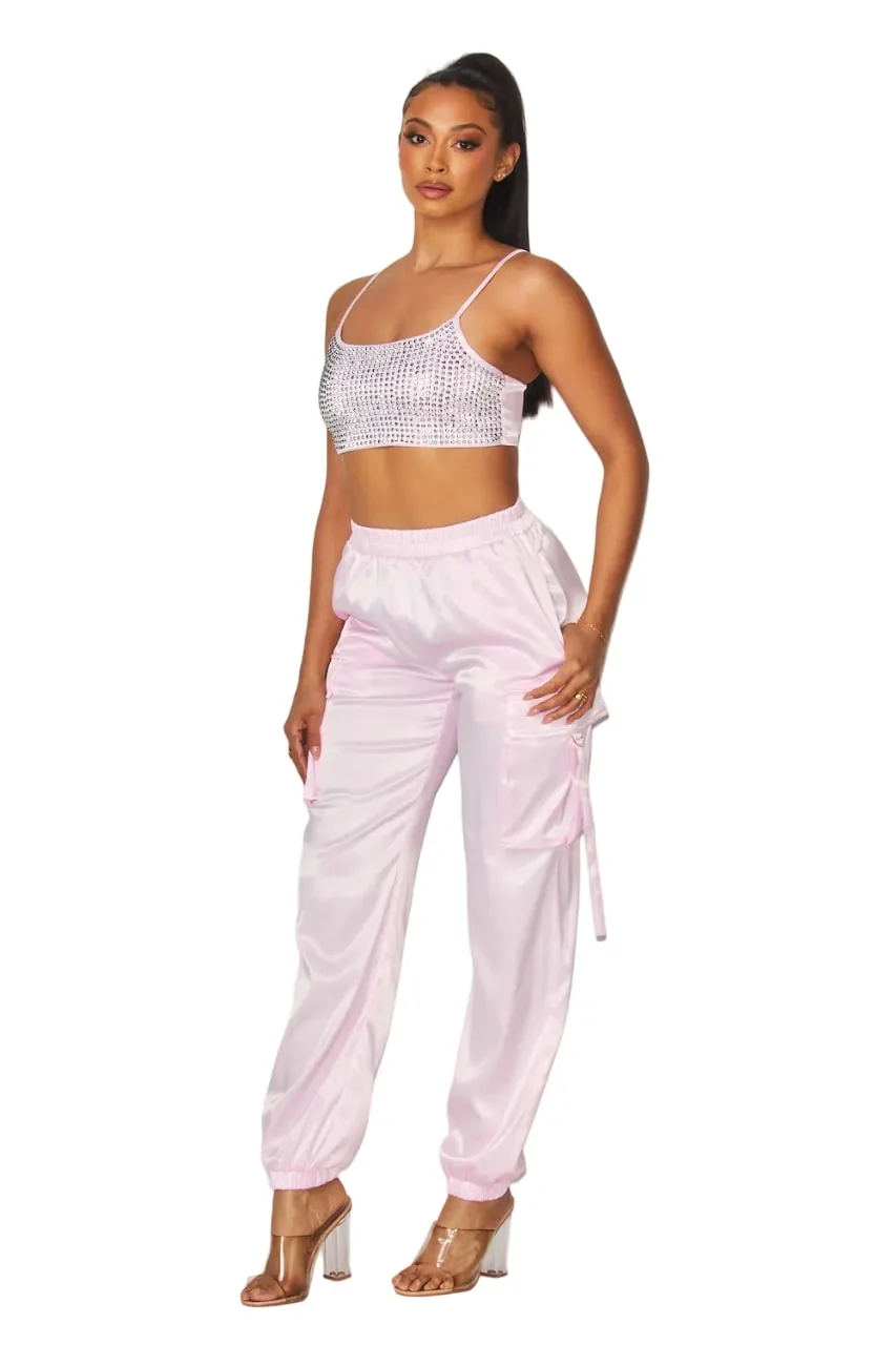 Hot & Delicious Women's My Life Rhinestone Satin Cargo Cami Crop Top