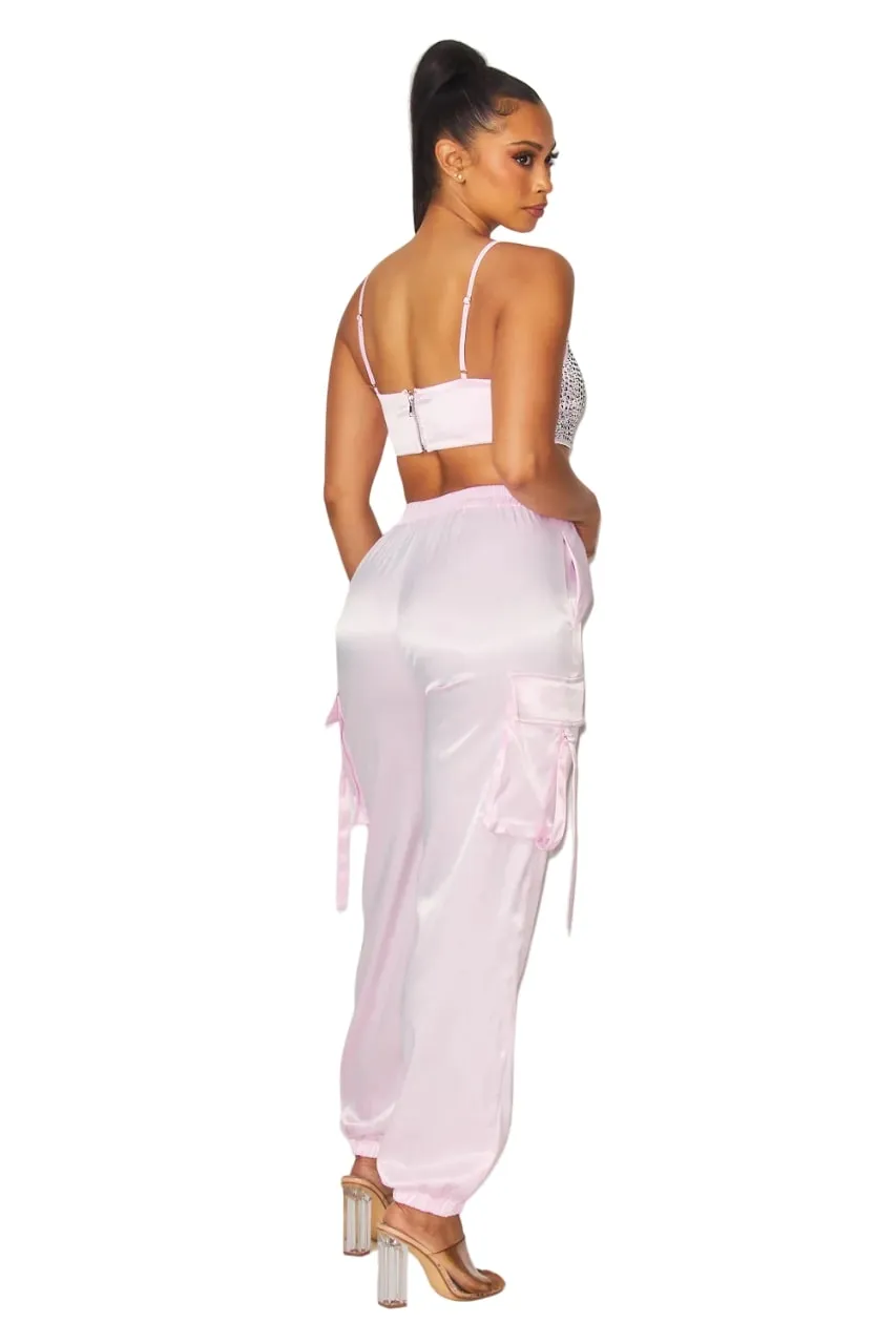Hot & Delicious Women's My Life Rhinestone Satin Cargo Cami Crop Top