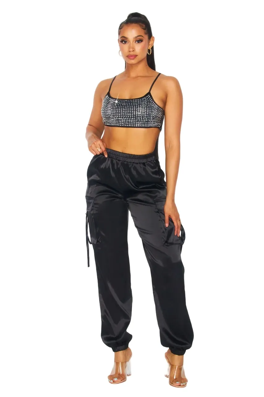 Hot & Delicious Women's My Life Rhinestone Satin Cargo Cami Crop Top