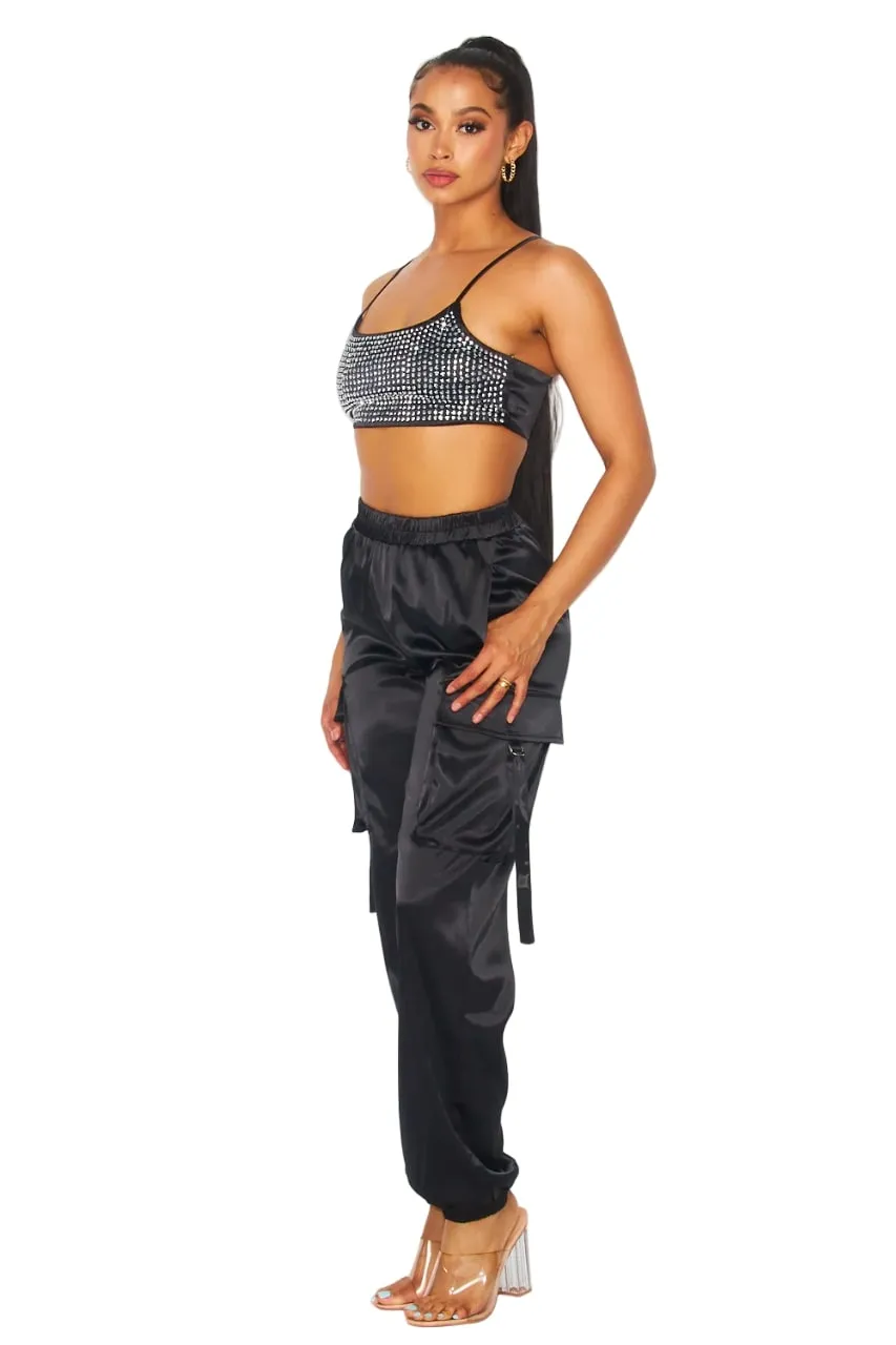 Hot & Delicious Women's My Life Rhinestone Satin Cargo Cami Crop Top