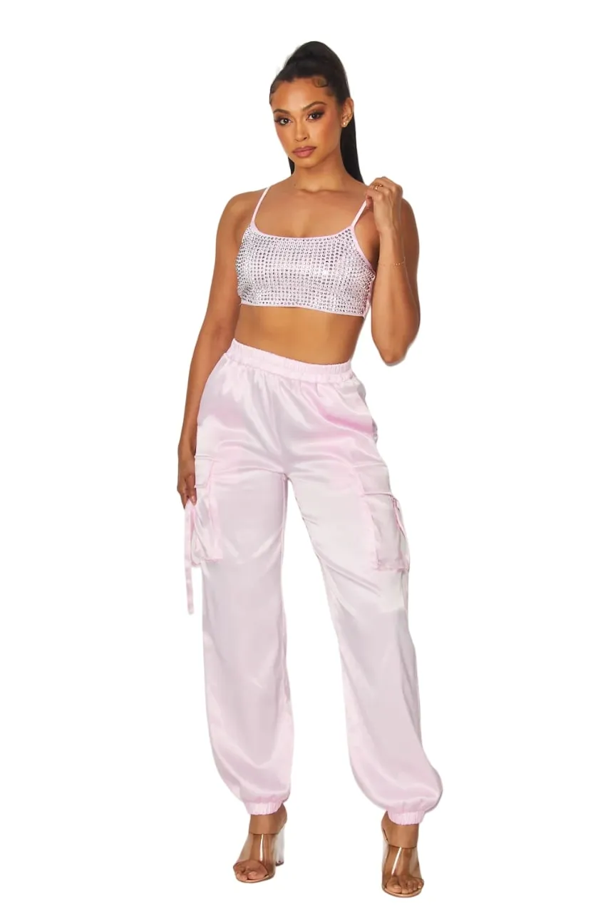 Hot & Delicious Women's My Life Rhinestone Satin Cargo Cami Crop Top