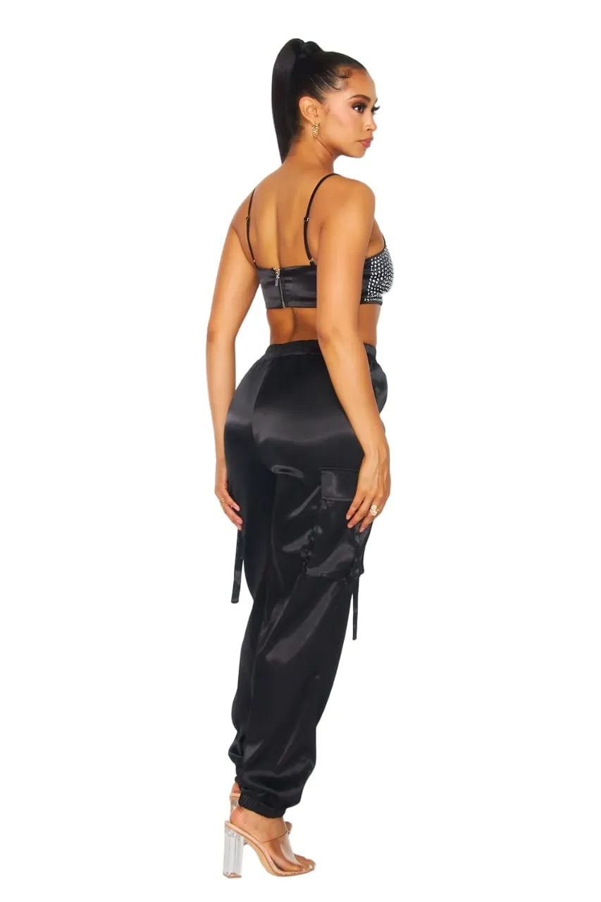 Hot & Delicious Women's My Life Rhinestone Satin Cargo Cami Crop Top