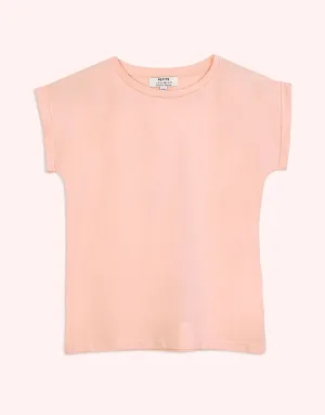 Ladies Crew Neck Roll Sleeve Heart Printed T-Shirt-Baby Pink