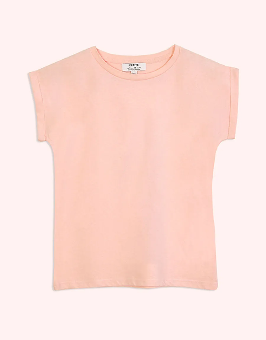 Ladies Crew Neck Roll Sleeve Heart Printed T-Shirt-Baby Pink