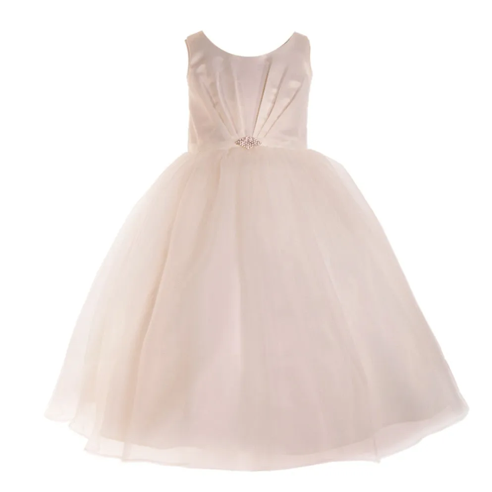 Little Girls Ivory Satin Organza Brooch Flower Girl Dress 2T-6