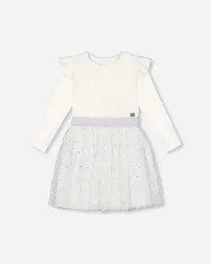 Long Sleeve Dress With Glittering Tulle Skirt Off White